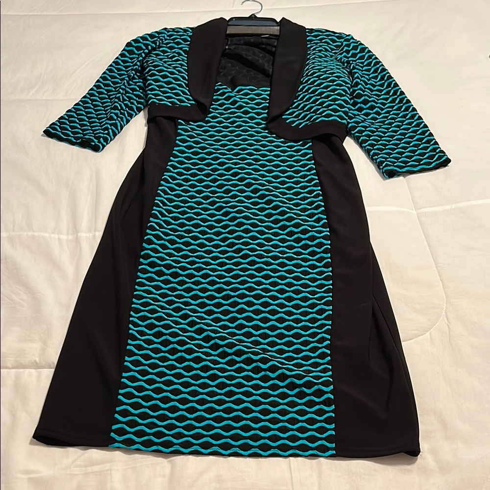 R&M Richards Teal and Black Wave-Pattern Dress with Bolero